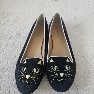 Women's Black Cat Embroidered Flats